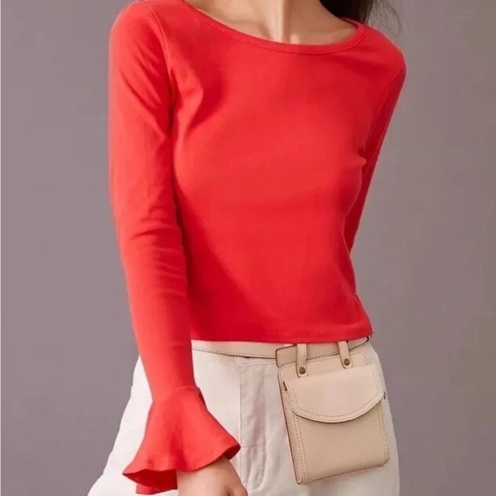 Mauve by Anthropologie Red Bell Sleeve 100% Cotton Top, Size Extra Small